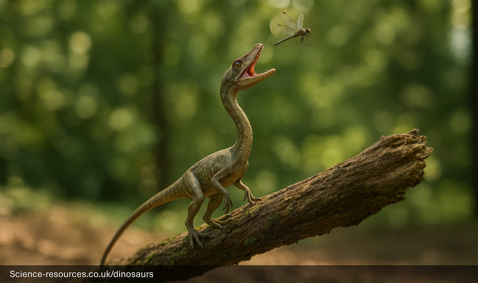 A realistic rendering of a Jurassic park / Jurassic World Compsognathus. This tiny Dinosaur is standing on a fallen tree branch  reaching out to catch a flying Meganisoptera (dragonfly-like insect). 